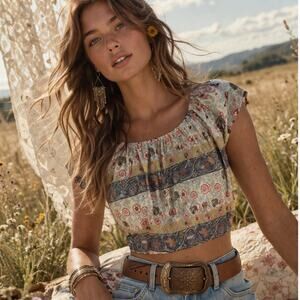 Patchwork Boho Crop Top Women Festival Vacation Hippie Indie Summer NWT Size M
